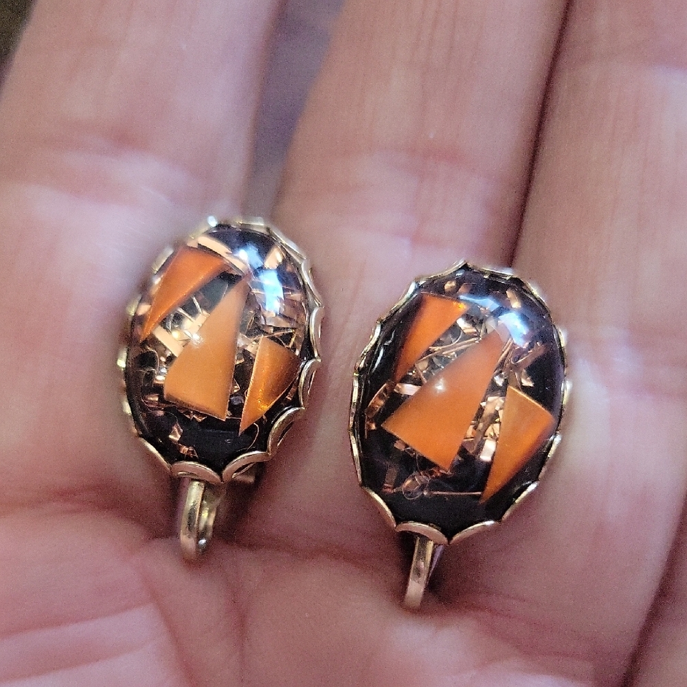 Elegant Gold and Orange Clip On Earrings